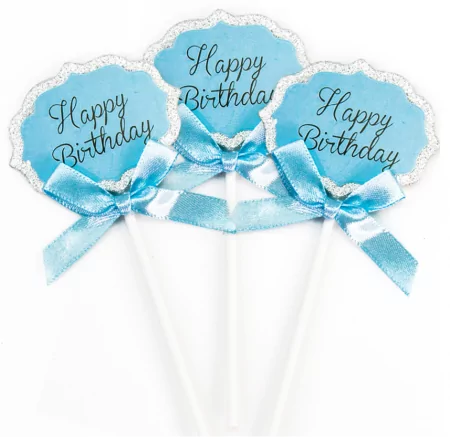 Топпер, Happy Birthday (серебряный глиттер), Голубой, с блестками, 3 шт.