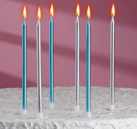 Свечи в торт "Ройс", 6 шт, высокие, серебряные и голубые