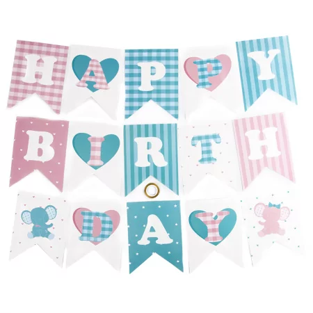 Гирлянда Флажки, Happy Birthday (орнамент Виши и сердечки), Голубой/Розовый, 200 см
